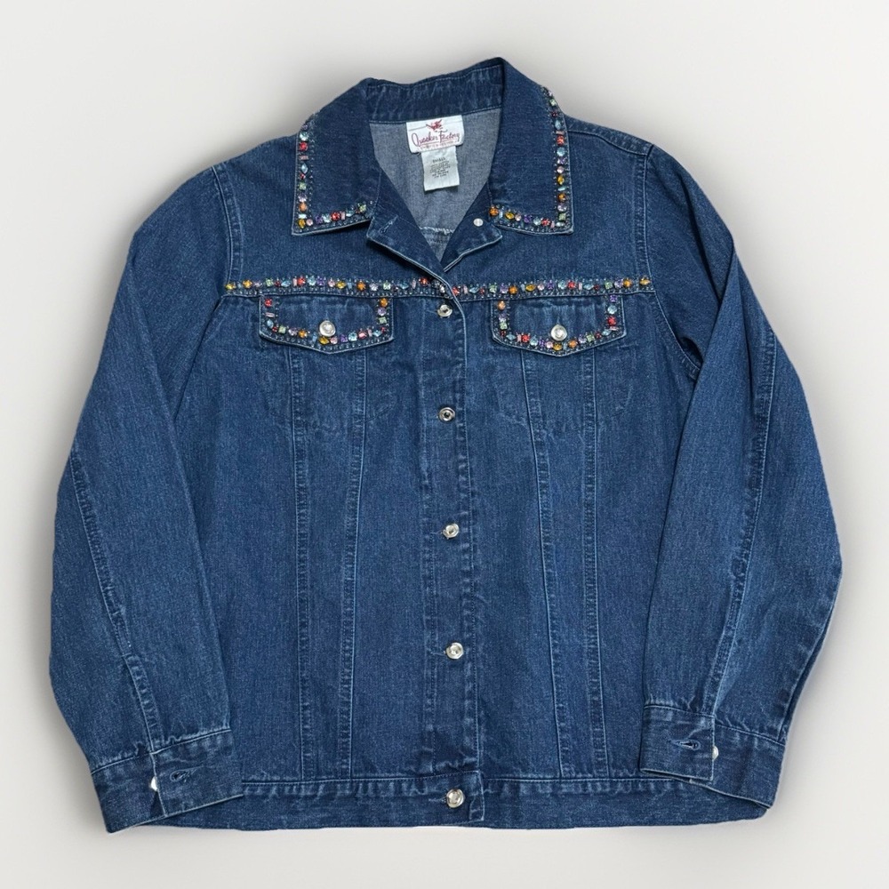 Quacker Factory Women's Blue Denim Jacket S Oversized‎ Rhinestones Whimsical VTG